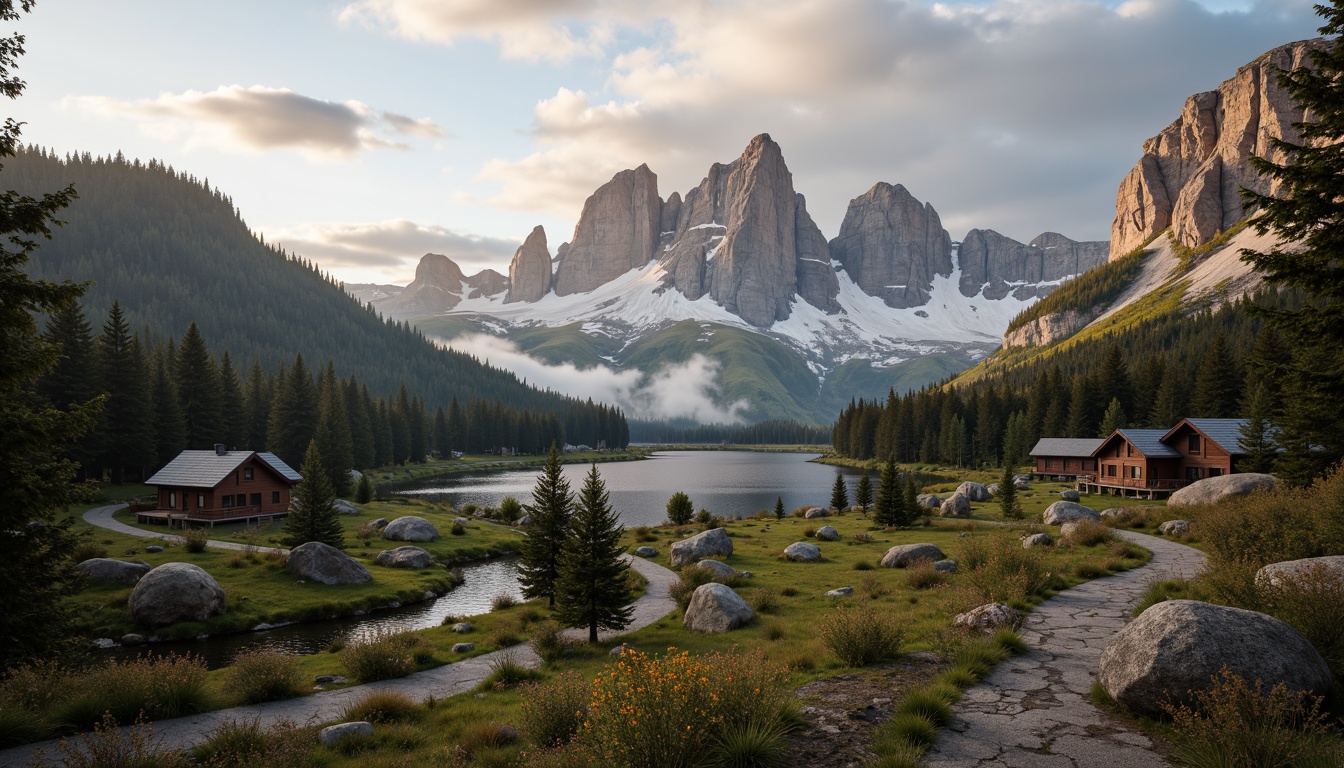 Prompt: Rugged mountain range, snow-capped peaks, misty valleys, serene lakes, rustic wooden cabins, winding trails, granite boulders, earthy tone, olive green forests, misty atmospheric lighting, soft warm sunrise, shallow depth of field, 1/2 composition, cinematic view, realistic rock textures, ambient occlusion, natural stone pathways, wooden bridges, wildflower meadows, gentle waterfalls.