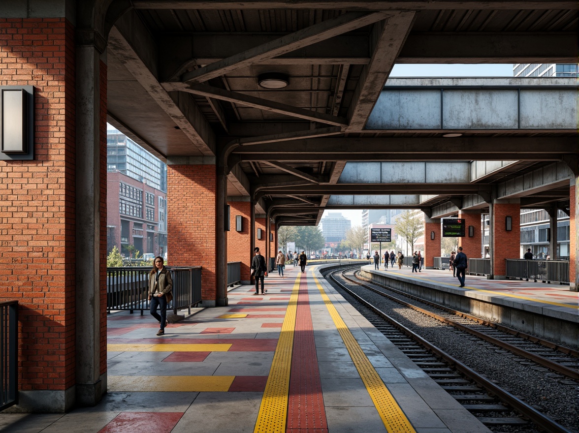 Prompt: Retro-futuristic train station, exposed brick walls, industrial metal beams, polished concrete floors, geometric patterned tiles, bold colored accents, minimalist lighting fixtures, sleek metallic railings, modernist architecture, urban cityscape, busy streets, rush hour atmosphere, shallow depth of field, 1/1 composition, dramatic backlighting, realistic material textures, ambient occlusion.