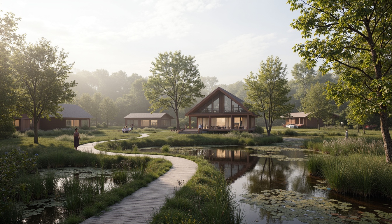 Prompt: Sustainable eco-lodge, blending into wetland scenery, native vegetation, murky waters, winding boardwalks, observation decks, bird-watching stations, educational signs, rustic wooden bridges, natural stone pathways, reeds, cattails, water lilies, migratory birds, serene atmosphere, soft misty lighting, shallow depth of field, 1/1 composition, intimate panoramic view, realistic textures, ambient occlusion.