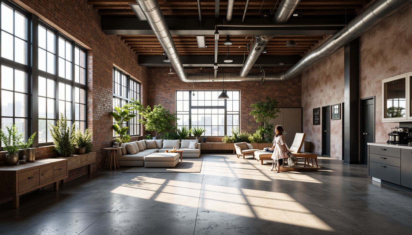 Prompt: Exposed ductwork, industrial chic aesthetic, reclaimed wood accents, polished concrete floors, metal beams, minimalist decor, urban loft atmosphere, natural light pouring in, airy open spaces, modern interior design, distressed brick walls, visible pipes, mechanical systems on display, edgy architectural elements, dramatic shadows, high-contrast lighting, 1/1 composition, sharp focus, detailed textures.