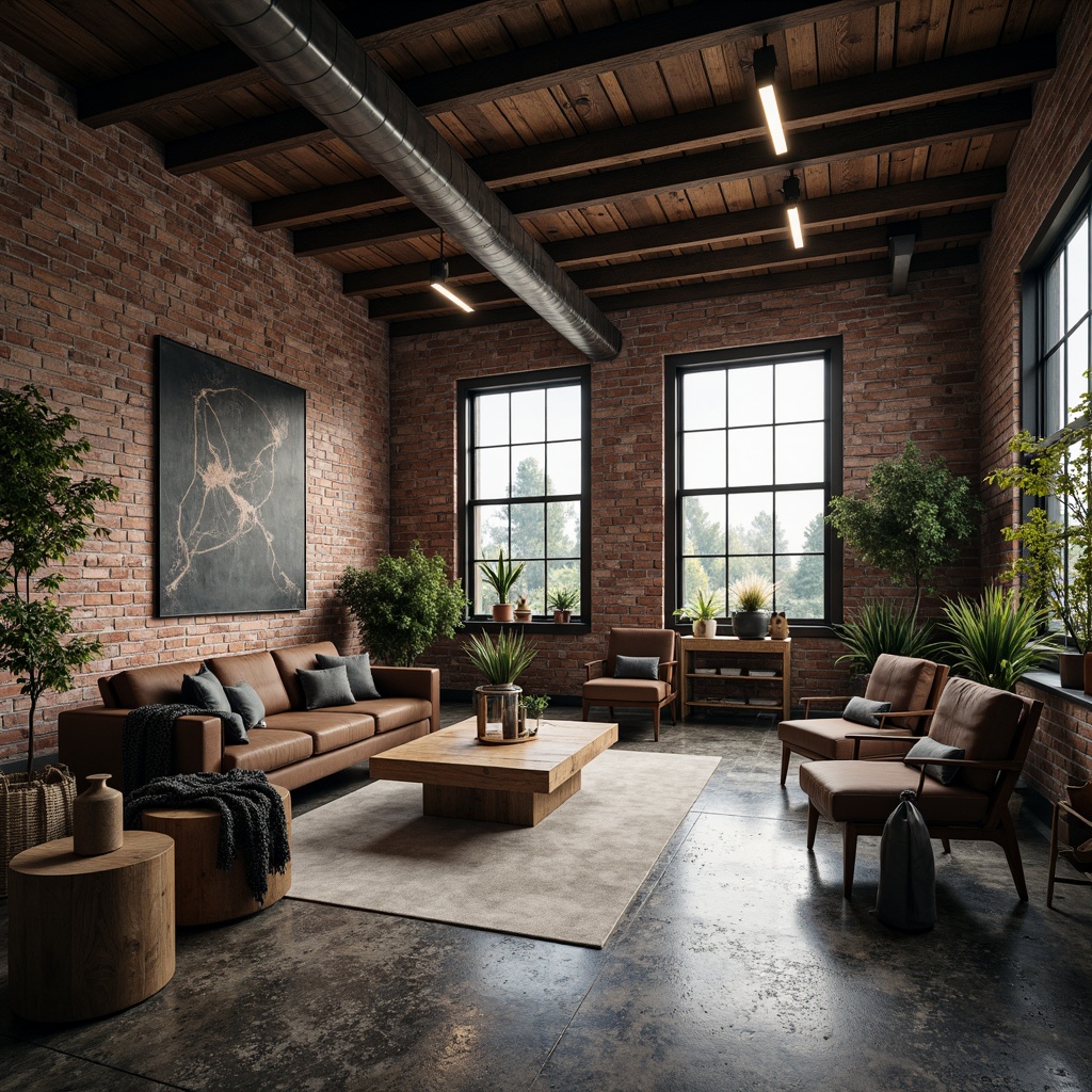 Prompt: Rustic industrial setting, exposed brick walls, metal beams, reclaimed wood accents, distressed concrete floors, urban loft atmosphere, modern minimalist decor, natural light pouring in, large windows, steel frames, gritty textures, moody color palette, dramatic shadows, low-key lighting, 1/1 composition, shallow depth of field, realistic rendering.