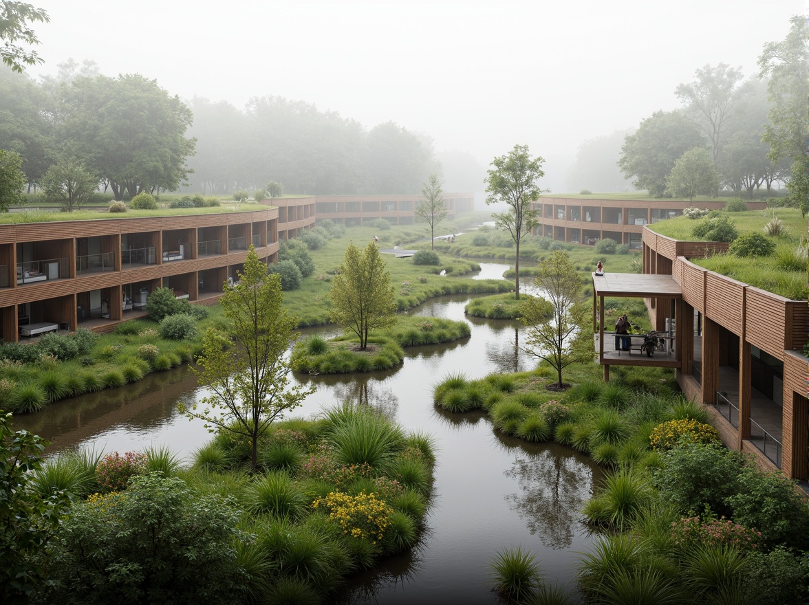 Prompt: Eco-friendly research facility, harmonious wetland integration, lush green vegetation, winding waterways, tranquil ponds, observation decks, wooden boardwalks, nature-inspired architecture, curved lines, organic forms, sustainable materials, recycled wood, living roofs, native plant species, diverse wildlife habitats, misty morning atmosphere, soft diffused lighting, shallow depth of field, 2/3 composition, panoramic view, realistic textures, ambient occlusion.