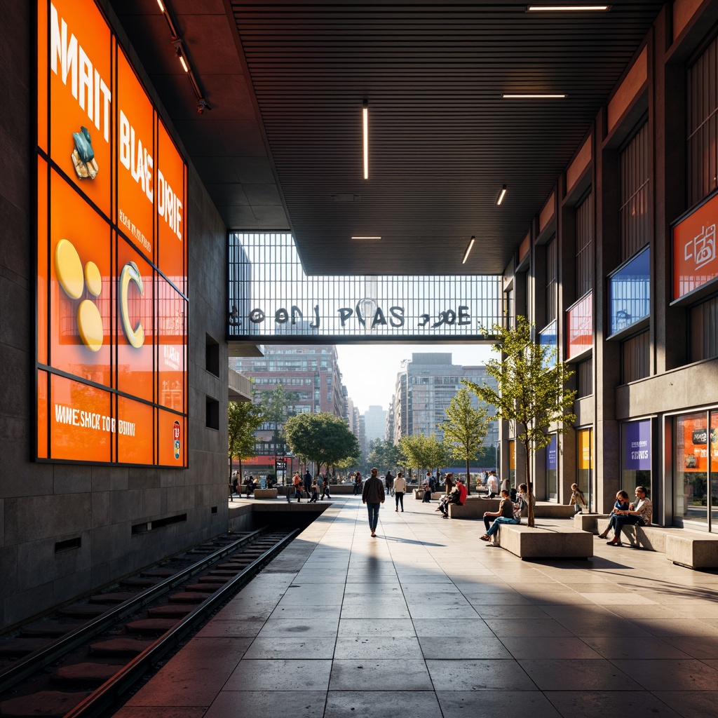 Prompt: Vibrant metro station, dynamic color scheme, contrasted hues, bold typography, sleek signage, modern architectural design, grand entrance, high ceilings, spacious platforms, comfortable seating areas, bright lighting fixtures, reflective surfaces, metallic accents, geometric patterns, urban landscape views, bustling city atmosphere, rush hour crowds, morning sunlight, warm color temperature, 3/4 composition, shallow depth of field, realistic textures.