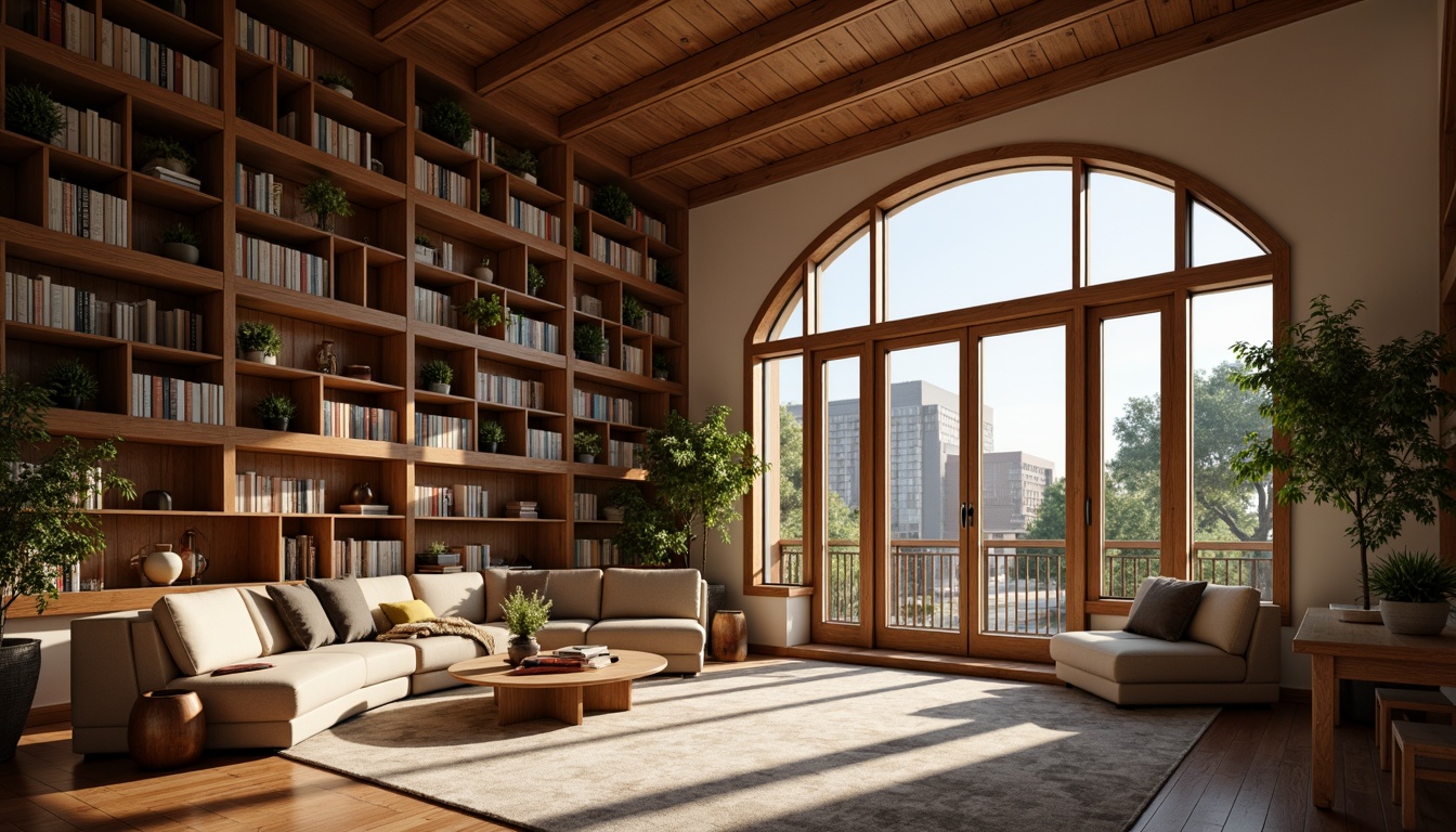 Prompt: Cozy library interior, warm wooden shelves, soft natural light, floor-to-ceiling windows, minimalist decor, comfortable reading nooks, plush carpets, earthy color palette, elegant archways, subtle textures, calm atmosphere, morning sunbeams, gentle shadows, 1/2 composition, shallow depth of field, realistic renderings, ambient occlusion.