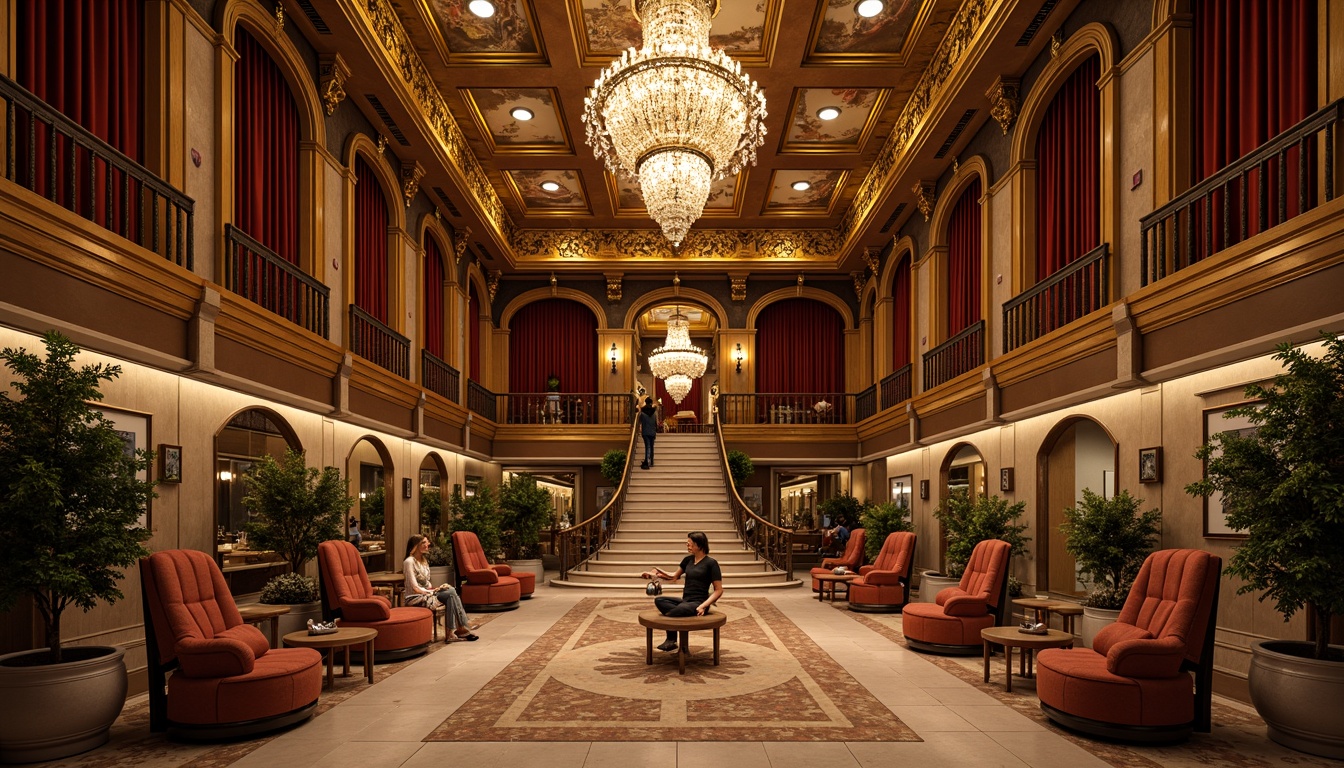 Prompt: Ornate fitness club interior, grandiose chandeliers, rich wood moldings, gilded details, luxurious velvet drapes, regal throne-like seating, intricate fresco ceilings, ornamental mirrors, lavish marble floors, majestic columns, sweeping staircases, dramatic lighting effects, warm golden color palette, high-contrast shadows, shallow depth of field, 1/2 composition, symmetrical framing, realistic textures, ambient occlusion.