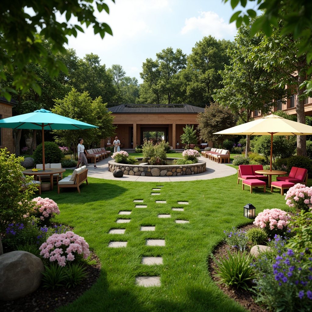 Prompt: Lush green lawn, blooming flowers, decorative shrubs, meandering pathways, rustic stone walls, serene water features, vibrant outdoor furniture, colorful umbrellas, natural wood accents, modern lanterns, warm string lights, shallow depth of field, 3/4 composition, panoramic view, realistic textures, ambient occlusion.