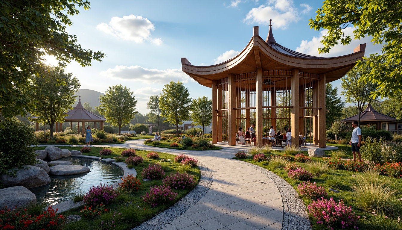 Prompt: Whimsical pavilion, sinuous lines, flowing curves, natural forms, ornate metalwork, intricate wood carvings, stained glass windows, vibrant colors, botanical motifs, florid patterns, curvilinear shapes, organic structures, verdant surroundings, lush greenery, blooming flowers, sunny afternoon, soft warm lighting, shallow depth of field, 1/1 composition, panoramic view, realistic textures, ambient occlusion.