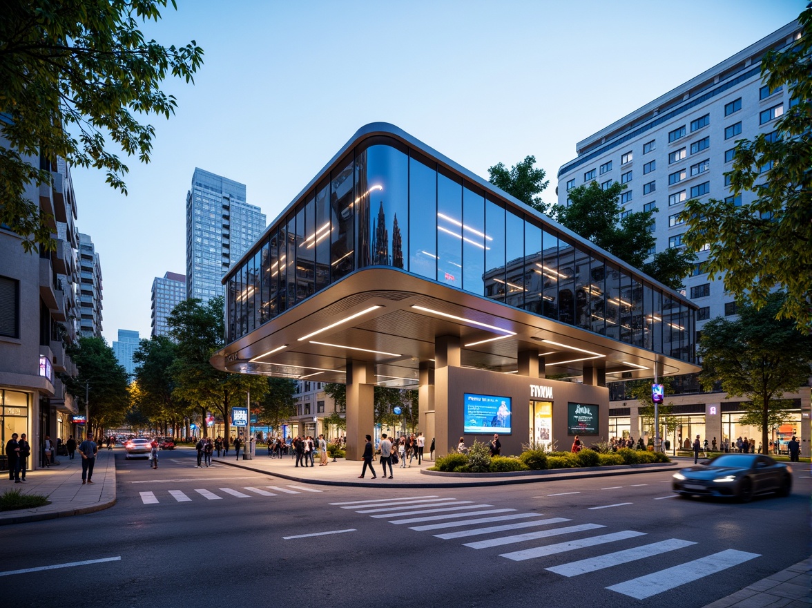 Prompt: Futuristic tram station, curved glass fa\u00e7ade, sleek metal framework, dynamic LED lighting, vibrant colored accents, modern urban landscape, bustling city streets, morning rush hour atmosphere, shallow depth of field, 1/2 composition, realistic reflections, ambient occlusion, green roofs, eco-friendly materials, innovative ventilation systems, shaded outdoor spaces, misting systems, geometric patterns, futuristic typography, digital information displays.