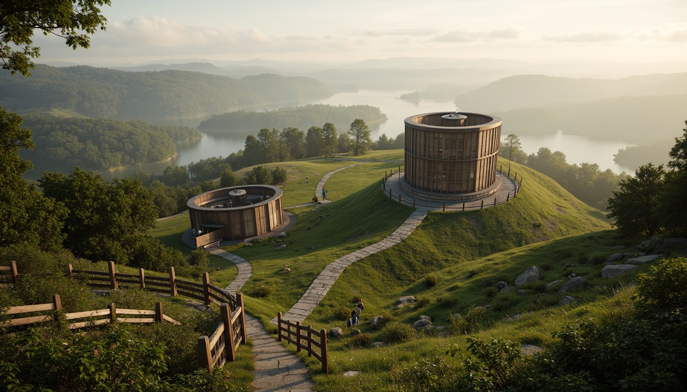 Prompt: Watchtower nestled in rolling hills, lush greenery, meandering stone paths, rustic wooden fences, panoramic views, misty morning atmosphere, soft warm lighting, shallow depth of field, 3/4 composition, realistic textures, ambient occlusion, earthy tones, natural materials, weathered wood accents, curved lines, organic shapes, observation decks, telescopes, binoculars, nature-inspired patterns, earthy color palette.