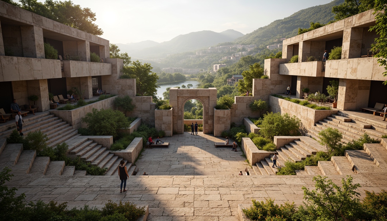 Prompt: Grand amphitheater, brutalist architecture, rugged stone walls, cascading staircases, expansive open spaces, natural light pouring in, rough-hewn concrete textures, minimalist ornamentation, bold geometric forms, monumental scale, dramatic shadows, warm golden lighting, 1/1 composition, symmetrical layout, subtle color palette, organic integration with surroundings, lush greenery, scattered seating areas, meandering pathways, scenic overlooks, distant cityscape views.