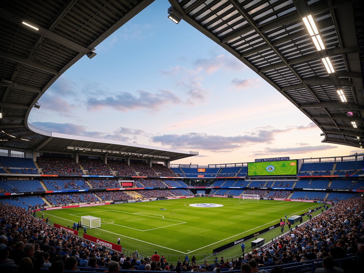 Prompt: Modern soccer stadium, curved architectural lines, green grassy pitch, vibrant team colors, goalposts, spectator seating areas, metal frameworks, cantilevered roofs, floodlighting systems, evening sunset atmosphere, shallow depth of field, 3/4 composition, panoramic view, realistic textures, ambient occlusion, grand entrance gates, ticket booths, concession stands, giant video screens, dynamic scoreboard displays, stadium tunnel access, locker rooms, athletic training facilities, press conference areas.