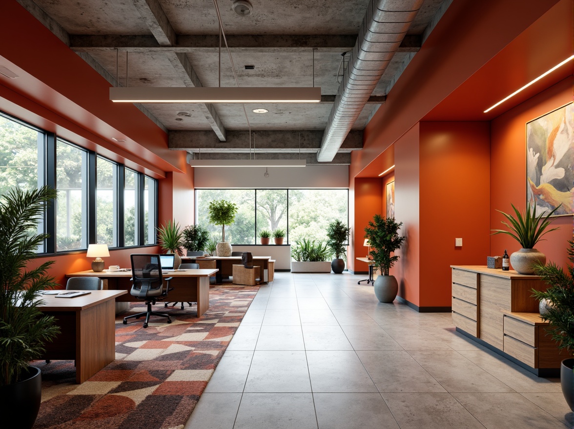 Prompt: Vibrant persimmon accent walls, sleek modern office buildings, minimalist interior design, polished concrete floors, industrial-chic metal beams, floor-to-ceiling windows, natural light pouring in, warm wooden desks, ergonomic chairs, lush greenery plants, geometric patterned rugs, subtle texture contrasts, soft ambient lighting, shallow depth of field, 1/1 composition, realistic renderings, detailed normal maps.