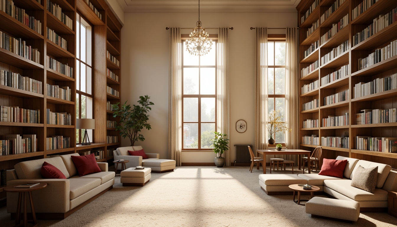 Prompt: Cozy library atmosphere, natural light pouring in, tall windows, wooden bookshelves, comfortable reading nooks, warm beige tones, soft carpeting, elegant chandeliers, minimalist decor, serene ambiance, morning sunlight, gentle shadows, indirect illumination, diffused lighting, 1/2 composition, realistic textures, ambient occlusion, subtle color palette.