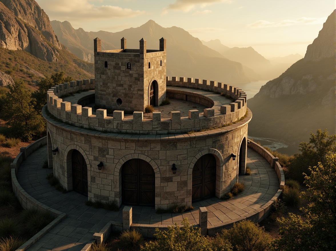 Prompt: Watchtower with rustic stone walls, curved battlements, medieval-inspired architecture, rugged mountainous surroundings, misty foggy atmosphere, warm golden lighting, dramatic shadows, intricate stonework details, ornate iron doors, grandiose archways, panoramic views, 3/4 composition, high-angle shot, cinematic mood, mysterious ambiance, subtle color grading.