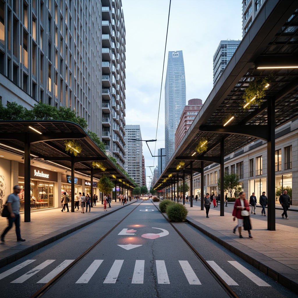 Prompt: Modern tram station, sleek metal facade, curved glass roofs, LED light installations, dynamic urban landscape, bustling city streets, vibrant street art, pedestrian-friendly zones, accessible ramps, stainless steel handrails, futuristic design elements, geometric patterns, angular lines, cantilevered canopies, green roof systems, solar panels, energy-efficient solutions, soft warm lighting, shallow depth of field, 3/4 composition, panoramic view, realistic textures, ambient occlusion.