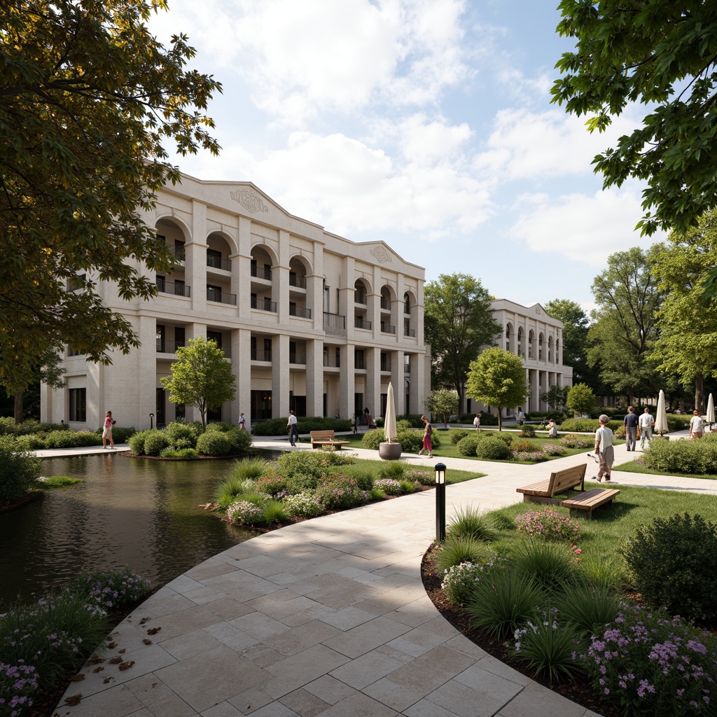 Prompt: Elegant distribution center, symmetrical facade, grand entrance, ornate columns, carved stone details, lush greenery, manicured lawns, blooming flowerbeds, serene water features, natural stone walkways, rustic benches, vintage lanterns, soft warm lighting, shallow depth of field, 3/4 composition, panoramic view, realistic textures, ambient occlusion, neoclassical architectural elements, subtle color palette, earthy tones, symmetrical landscaping, geometric patterns, harmonious atmosphere.