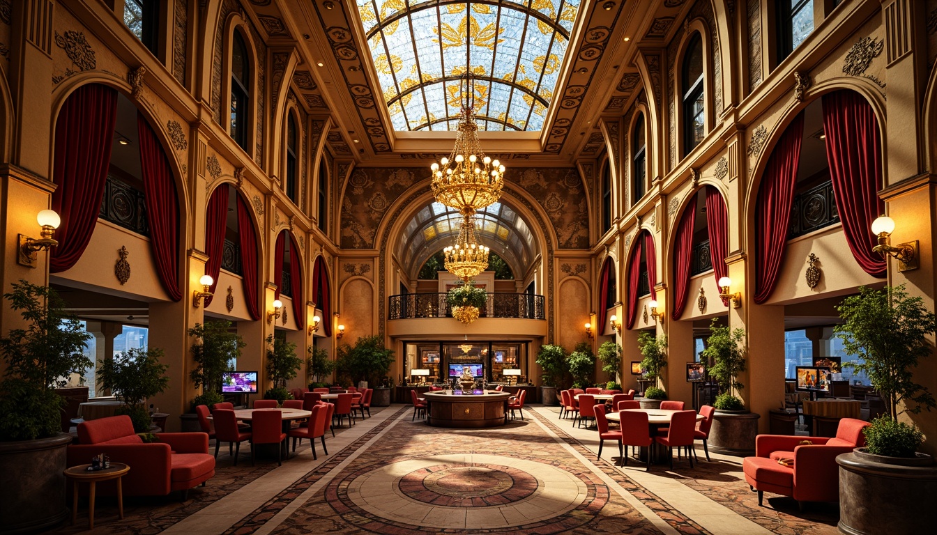 Prompt: Lavish casino interior, ornate Art Nouveau details, flowing organic lines, sinuous curves, intricate metalwork, ornamental moldings, stained glass ceilings, grand chandeliers, luxurious textiles, velvet drapes, gilded accents, carved wooden paneling, mosaic flooring, opulent furnishings, rich jewel tones, warm golden lighting, shallow depth of field, 1/1 composition, symmetrical framing, realistic reflections, ambient occlusion.