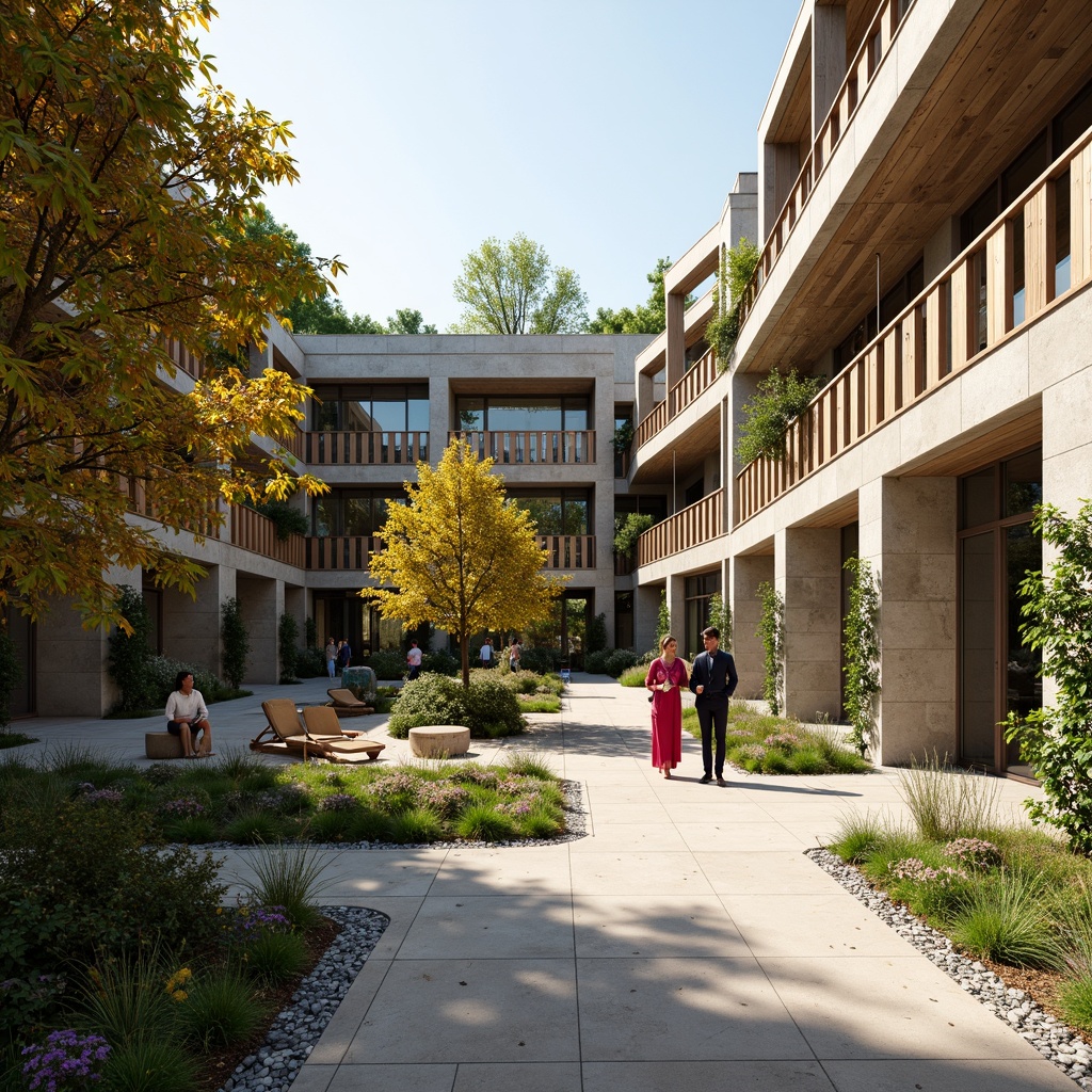 Prompt: Eco-friendly community center, natural stone fa\u00e7ade, reclaimed wood accents, green roofs, solar panels, rainwater harvesting systems, low-carbon concrete structures, recycled glass walls, living walls with lush vegetation, energy-efficient windows, bamboo flooring, exposed wooden beams, minimalist design, open-air courtyard, shaded outdoor spaces, misting systems, vibrant colorful textiles, Arabic-inspired patterns, intricate geometric motifs, soft warm lighting, shallow depth of field, 3/4 composition, panoramic view, realistic textures, ambient occlusion.