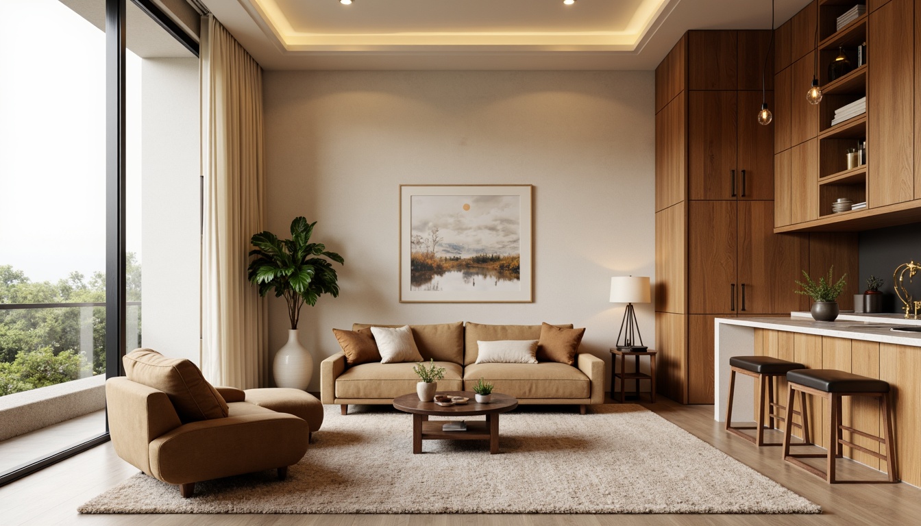 Prompt: Cozy apartment interior, warm beige walls, rich wood accents, plush carpeting, soft velvet sofas, modern minimalist decor, large windows, natural light pouring in, gentle cream curtains, elegant marble countertops, warm brass lighting fixtures, inviting earth tones, calming atmosphere, shallow depth of field, 1/1 composition, realistic textures, ambient occlusion.