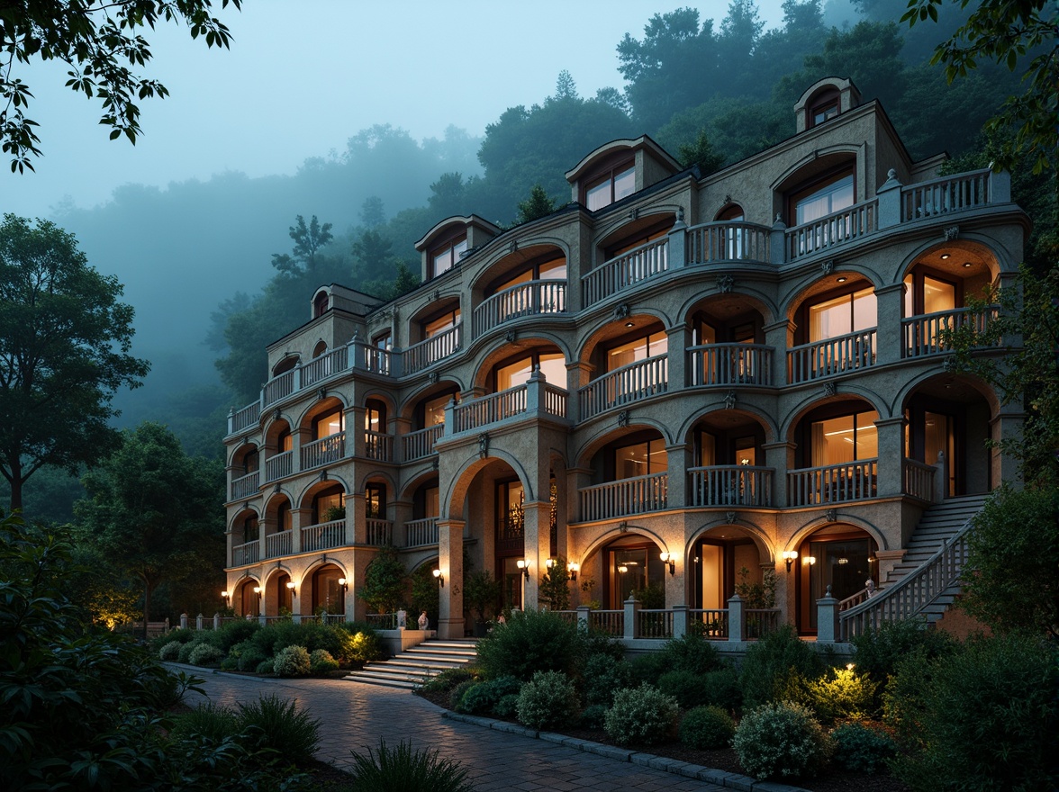 Prompt: Dramatic mansion, ornate facades, richly colored stone walls, vibrant Gothic arches, intricate wooden carvings, warm golden lighting, soft misty atmosphere, mysterious forest surroundings, ancient trees, overgrown vines, rugged mountainous landscape, bold color contrasts, deep shadows, high contrast ratio, cinematic composition, 1/1 aspect ratio, atmospheric perspective, dreamy foggy effects.