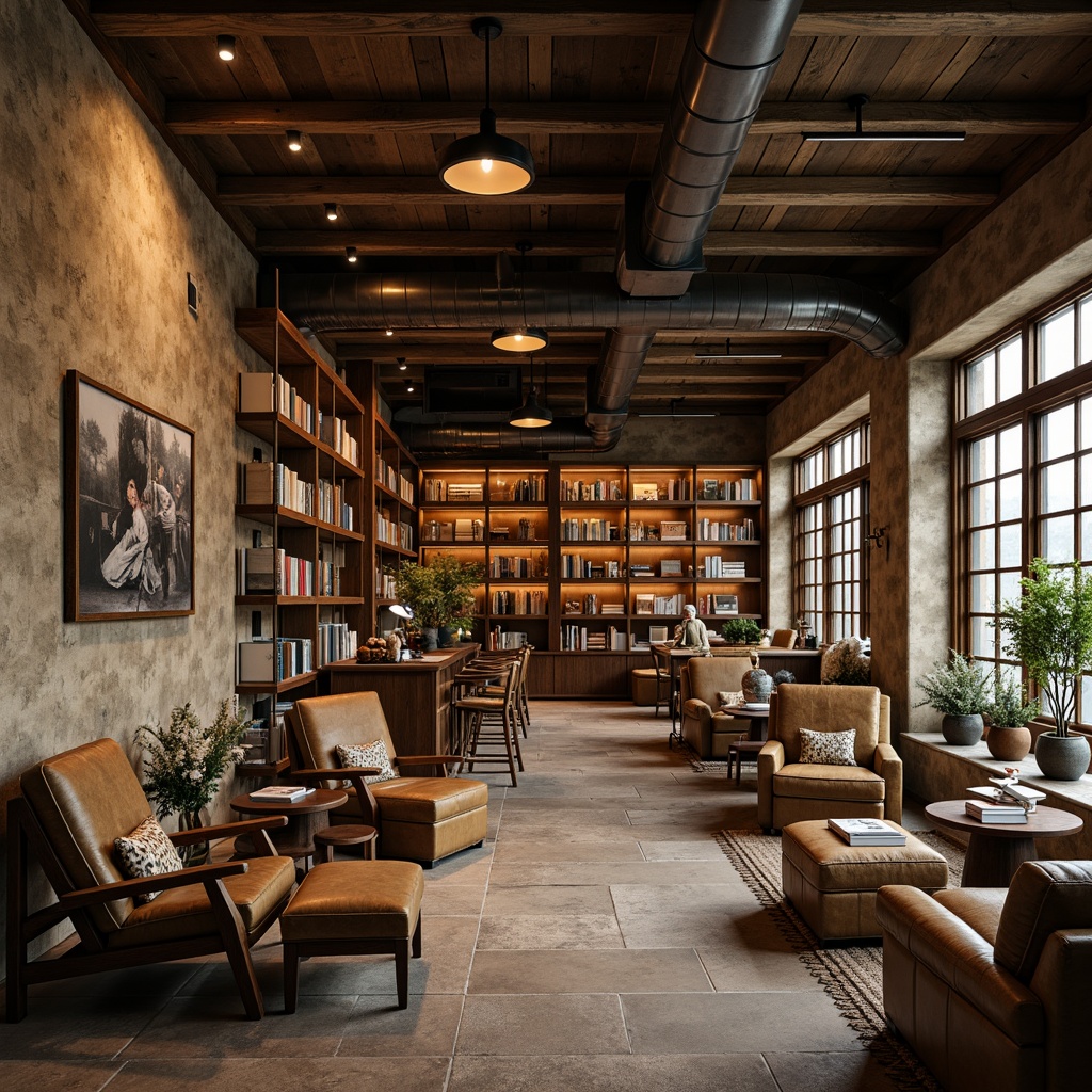 Prompt: Rustic bookstore, textured walls, wooden shelves, vintage furniture, classic literature, earthy color palette, natural stone flooring, industrial metal beams, exposed ductwork, modern minimalist lighting, cozy reading nooks, comfortable seating areas, warm inviting atmosphere, shallow depth of field, 1/1 composition, softbox lighting, realistic textures, ambient occlusion.