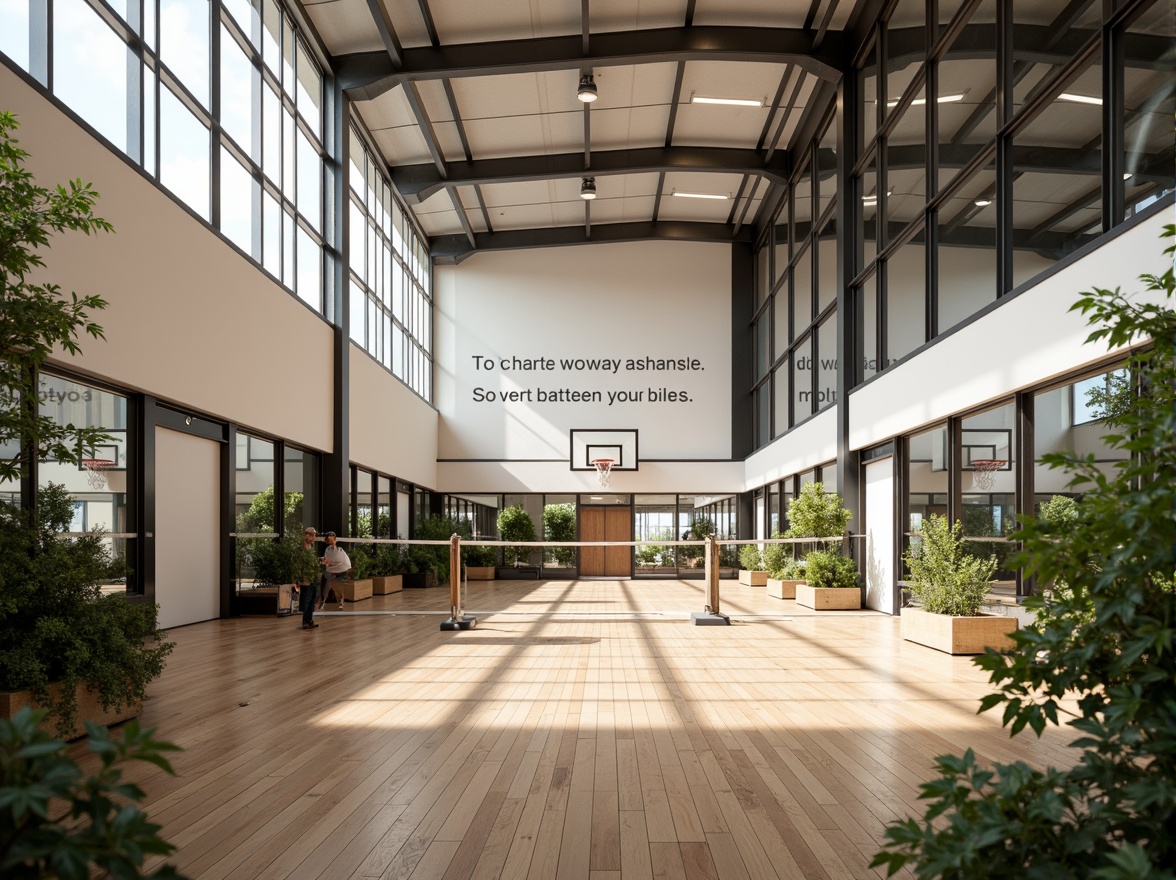 Prompt: Modern gymnasium interior, high ceilings, large windows, natural light pouring in, wooden flooring, sports equipment, basketball hoops, volleyball nets, athletic tracks, mirrored walls, motivational quotes, sleek metal beams, minimalist design, abundant greenery, thriving plants, calming atmosphere, soft warm lighting, shallow depth of field, 1/1 composition, realistic textures, ambient occlusion.