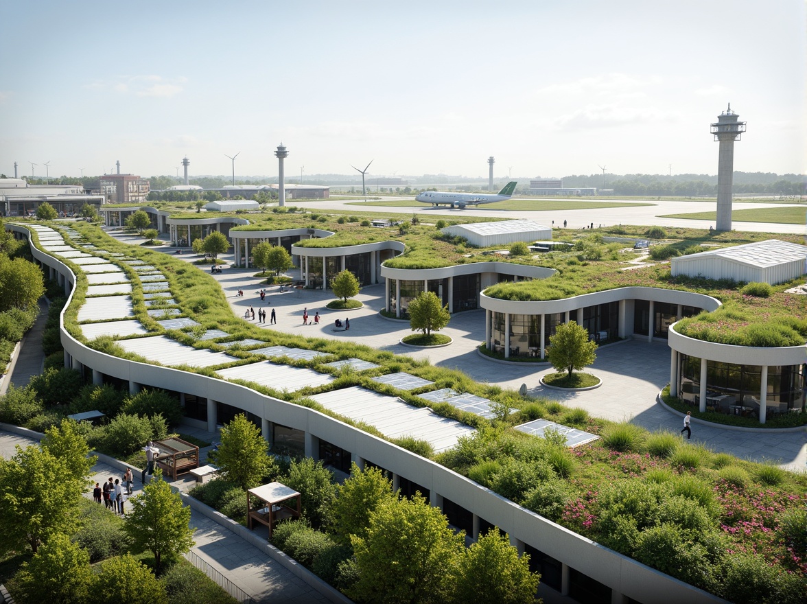 Prompt: Airy airport terminal, lush green roofs, vibrant wildflowers, modern curved lines, sustainable energy systems, solar panels, wind turbines, rainwater harvesting, eco-friendly materials, natural ventilation, large windows, translucent canopies, soft diffused lighting, shallow depth of field, 1/1 composition, panoramic view, realistic textures, ambient occlusion.