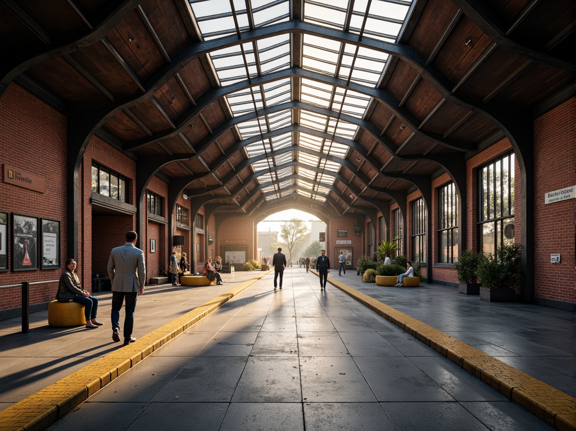 Prompt: Rustic train station, industrial heritage, exposed brick walls, metallic beams, polished concrete floors, minimalist modernist architecture, bold geometric shapes, functional design, urban cityscape, busy streets, morning commuters, natural light pouring in, soft warm glow, shallow depth of field, 1/1 composition, symmetrical framing, rich material textures, ambient occlusion.