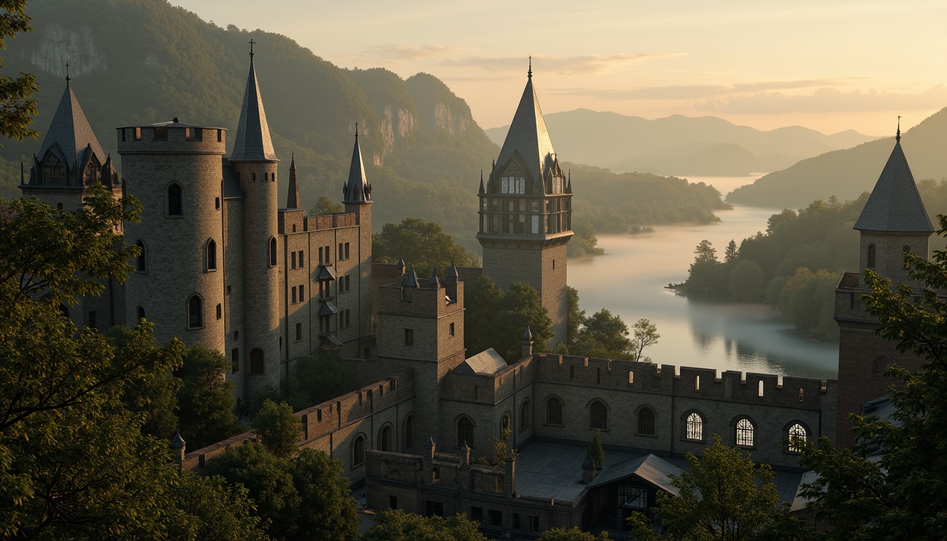 Prompt: Quaint medieval towers, mystical atmosphere, misty dawn, rugged stone walls, ivy-clad buildings, ornate Gothic spires, stained glass windows, grandeur architecture, dramatic lighting, warm golden hues, soft focus, atmospheric perspective, 1/2 composition, romanticized landscapes, rolling hills, verdant forests, winding rivers, tranquil lakes, mystical fog, dreamy ambiance.