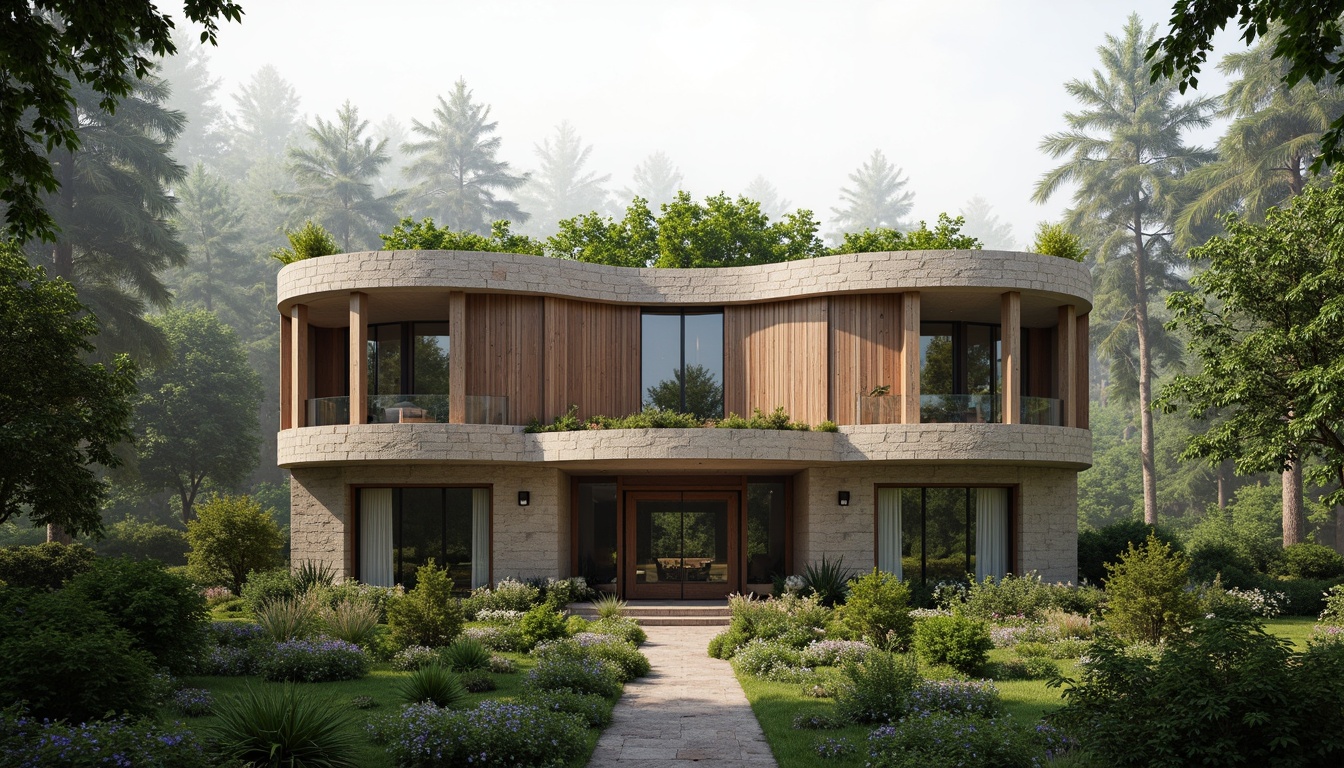 Prompt: Eco-friendly residential building, natural stone fa\u00e7ade, reclaimed wood accents, green roof system, living walls, bamboo flooring, large windows, minimal ornamentation, earthy color palette, organic shapes, curved lines, harmonious blend with surroundings, serene forest landscape, misty morning atmosphere, soft diffused lighting, 1/1 composition, intimate scale, realistic textures, ambient occlusion.