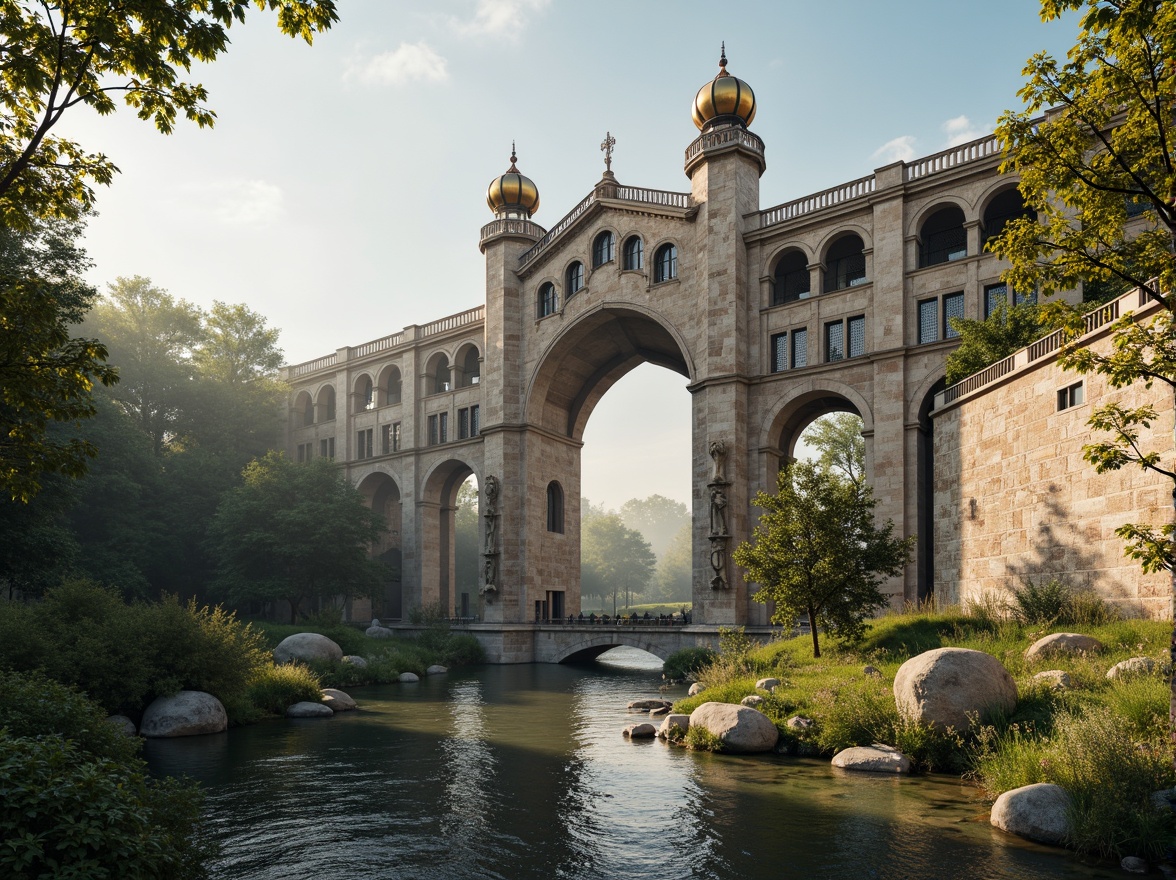 Prompt: Grandiose bridge structure, Byzantine arches, ornate stone carvings, majestic pillars, vibrant golden domes, intricate mosaics, rustic stone walls, serene river scenery, lush greenery, gentle water flow, soft misty atmosphere, warm sunny day, dramatic shallow depth of field, 3/4 composition, panoramic view, realistic textures, ambient occlusion.