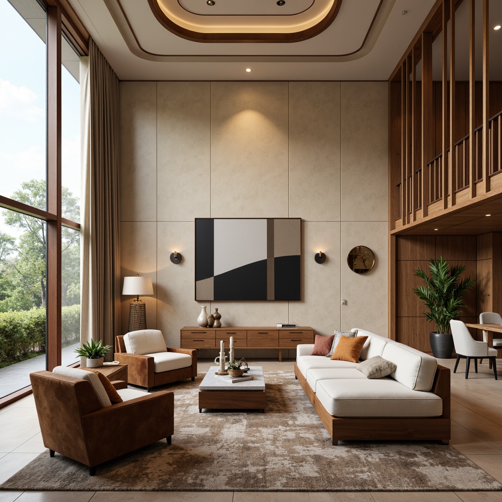 Prompt: Elegant living room, plush sofas, velvet armchairs, rich wood accents, marble coffee tables, floor-to-ceiling windows, soft natural light, warm beige walls, luxurious textiles, ornate mirrors, modern artwork, minimalist decor, spacious open layout, 1/1 composition, shallow depth of field, realistic rendering, ambient lighting.