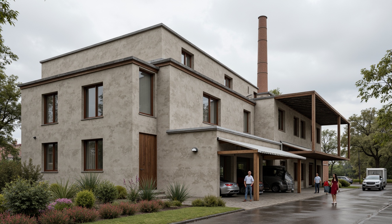 Prompt: Industrial building, fiber-cement facades, rough textured surfaces, earthy color tones, durable construction materials, sustainable architecture, eco-friendly design, natural light filtering, corrugated metal roofs, reinforced concrete structures, minimalist aesthetic, functional simplicity, urban landscape, cloudy sky, soft diffused lighting, shallow depth of field, 3/4 composition, realistic textures, ambient occlusion.