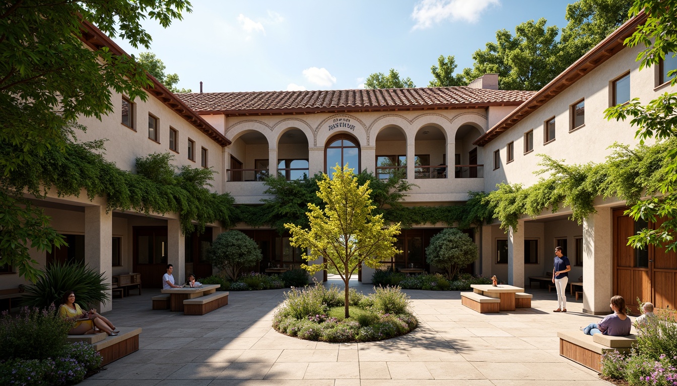 Prompt: Rustic school building, Romanesque style architecture, clay tile roofing, curved archways, ornate stone carvings, vibrant greenery, lush ivy walls, educational signage, wooden benches, natural stone walkways, modern amenities, large windows, glass doors, blooming trees, sunny day, soft warm lighting, shallow depth of field, 3/4 composition, panoramic view, realistic textures, ambient occlusion.