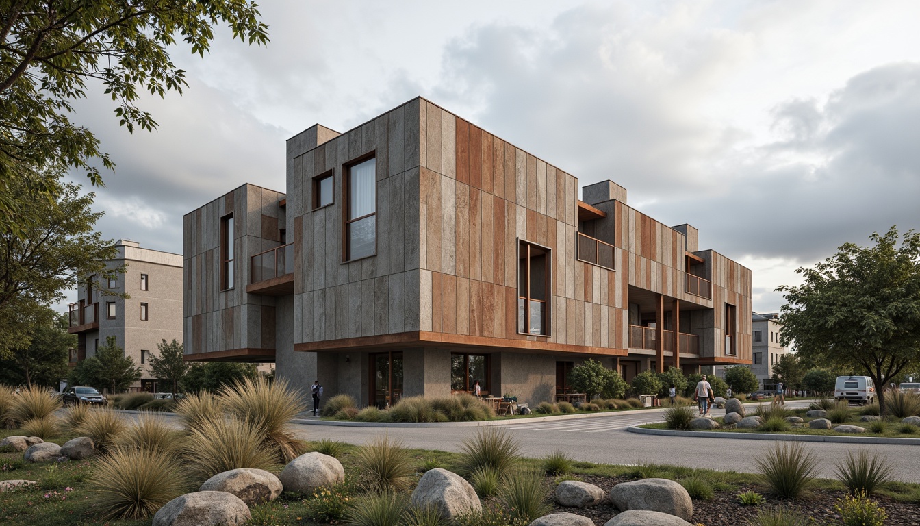 Prompt: Industrial building, fiber-cement facade, rough textures, earthy tones, modern architecture, sustainable materials, eco-friendly design, reinforced concrete structures, weathered steel accents, abstract geometric patterns, urban landscape, cloudy sky, soft diffused lighting, shallow depth of field, 2/3 composition, detailed close-up shots, realistic renderings.