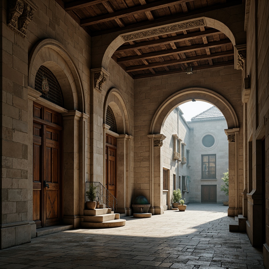 Prompt: Rustic loft, Romanesque facades, aged stone walls, ornate carvings, grand archways, sturdy columns, worn wooden doors, distressed metal accents, vintage windows, soft warm lighting, atmospheric fog, shallow depth of field, 1/2 composition, cinematic view, realistic textures, ambient occlusion.