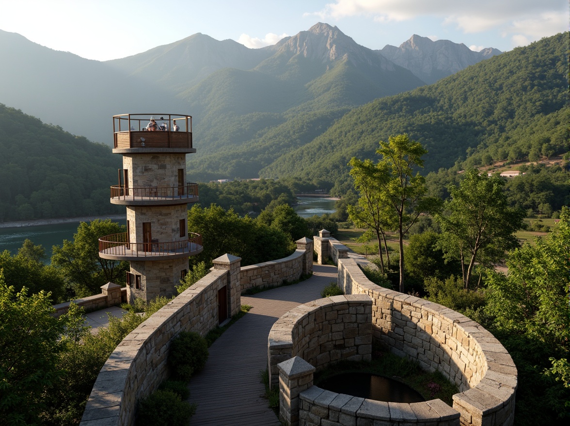 Prompt: Panoramic watching tower, rustic stone walls, wooden accents, verdant surrounding hills, lush green forests, meandering streams, misty mountains, elevated vantage points, 360-degree views, binoculars, telescopes, observation decks, natural blending architecture, earth-toned color palette, organic shapes, curvaceous lines, seamless integration with nature, subtle lighting, warm sunsets, gentle breezes, realistic textures, ambient occlusion.