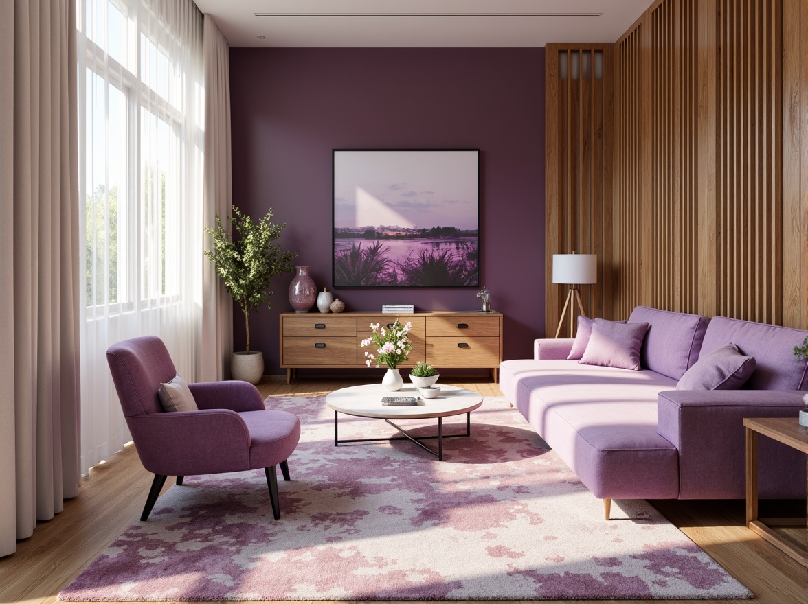 Prompt: Luxurious interior design, orchid tone-inspired color palette, soft purple hues, delicate white accents, warm beige undertones, rich wood textures, velvety fabrics, elegant furniture shapes, refined metal details, subtle sheen finishes, sophisticated ambiance, natural light pouring in, 1/2 composition, shallow depth of field, realistic reflections, ambient occlusion.