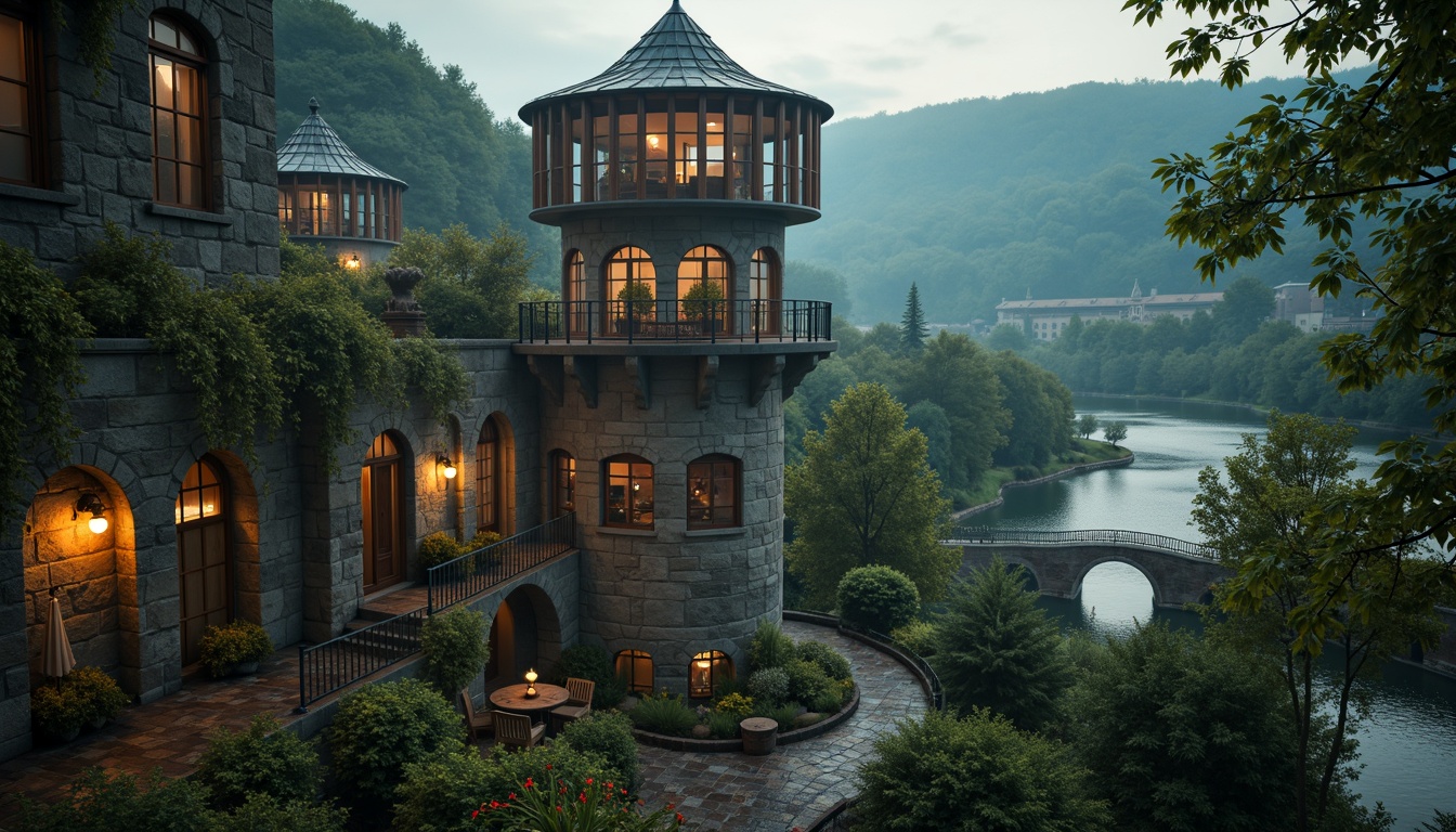 Prompt: Majestic watchtowers, rustic stone walls, ivy-clad turrets, winding staircases, grandiose archways, ornate ironwork, mystical lanterns, misty atmospheric lighting, warm golden hour, cinematic composition, symmetrical framing, rich textures, dramatic shadows, rolling hills, lush green forests, serene lakeside, vintage accessories, distressed finishes, nostalgic color palette, whimsical details.