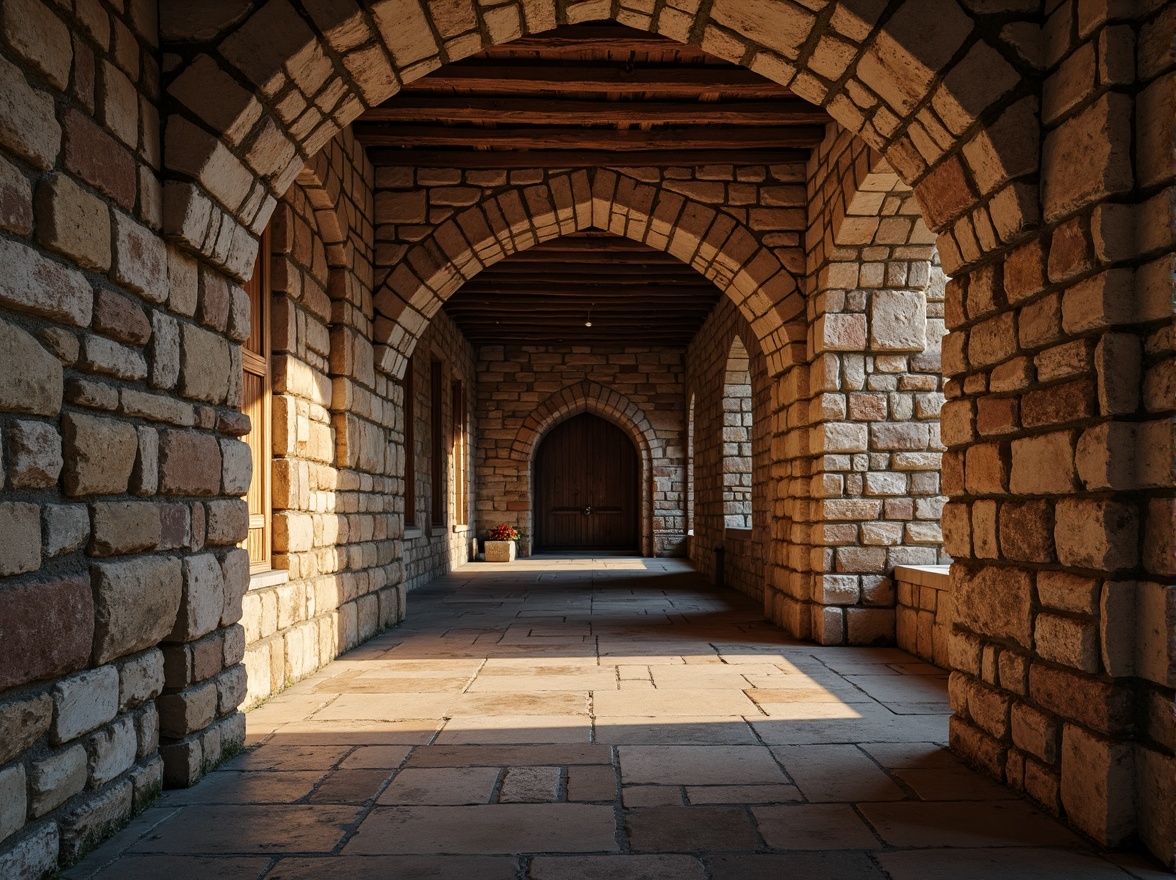 Prompt: Rustic stone walls, weathered brick facades, ornate Gothic arches, textured granite blocks, distressed concrete finishes, earthy color palette, medieval-inspired architecture, intricate stonework patterns, rugged natural stones, aged mortar joints, crumbling plaster details, mysterious ambient lighting, high contrast shadows, dramatic focal points, 1/2 composition, symmetrical framing, warm golden hour, realistic weathering effects.