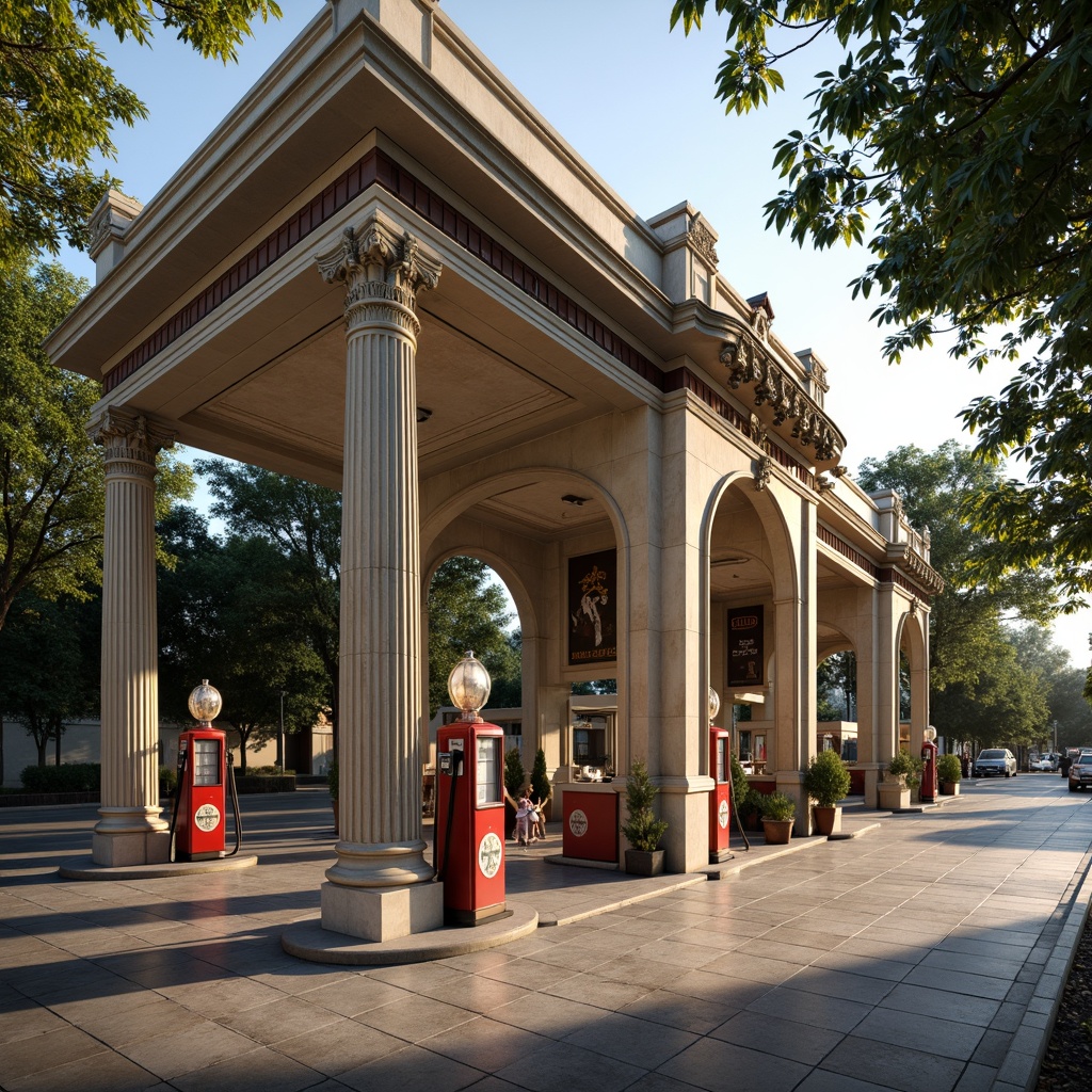 Prompt: Ornate gas station, Corinthian columns, grand archways, ornamental pilasters, symmetrical fa\u00e7ade, classic pediments, intricate moldings, rich stone materials, polished marble floors, elegant lanterns, vintage fuel pumps, nostalgic signage, lush greenery, urban landscape, morning sunlight, soft warm lighting, shallow depth of field, 1/1 composition, realistic textures, ambient occlusion.