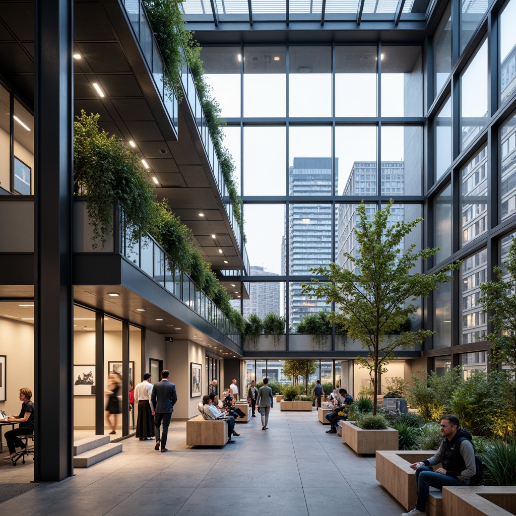 Prompt: Modern office building, open floor plan, minimalist decor, sleek metal accents, glass partitions, collaborative workspaces, ergonomic furniture, natural light infusion, airy atriums, rooftop gardens, cityscape views, urban bustle, dynamic lighting systems, 3/4 composition, shallow depth of field, realistic textures, ambient occlusion.