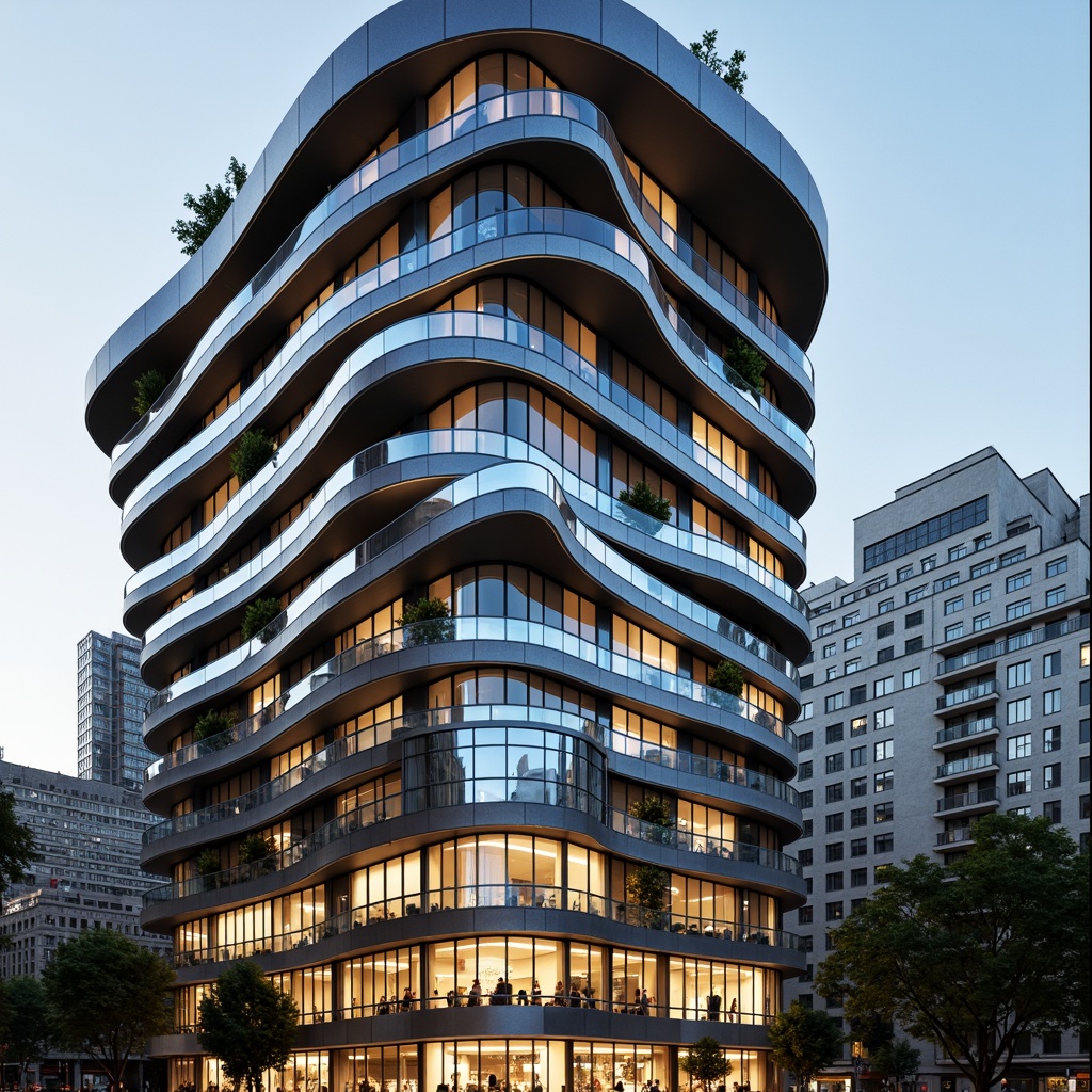 Prompt: Curved building facade, metallic materials, polished chrome accents, horizontal lines, rounded edges, minimalist ornamentation, Art Deco inspirations, geometric patterns, asymmetrical compositions, cantilevered balconies, floor-to-ceiling windows, sliding glass doors, urban cityscape, morning sunlight, soft shadows, shallow depth of field, 2/3 composition, wide-angle lens, high-contrast lighting, realistic reflections.