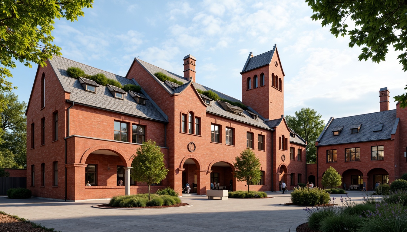 Prompt: Rustic school building, Romanesque style architecture, vibrant red brick walls, ornate stone carvings, grand entrance archways, decorative bell towers, slate grey roofing tiles, innovative solar panels, green roofs, water harvesting systems, eco-friendly materials, sustainable energy solutions, natural ventilation systems, clerestory windows, soft warm lighting, shallow depth of field, 3/4 composition, panoramic view, realistic textures, ambient occlusion.