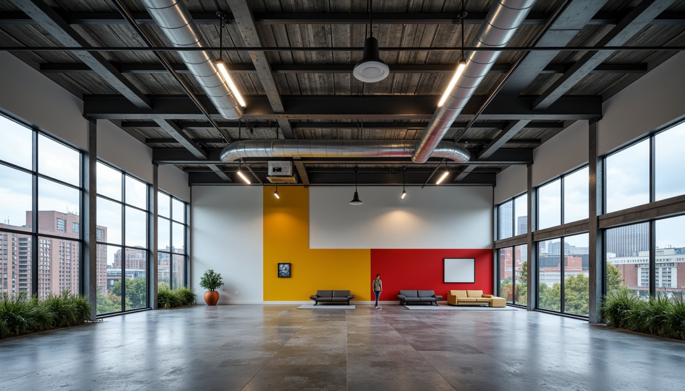 Prompt: Industrial functional building, exposed ductwork, steel beams, minimalist aesthetic, primary color accents, geometric shapes, clean lines, rectangular forms, open floor plans, large windows, natural light, functional simplicity, urban landscape, cityscape background, overcast sky, dramatic shadows, high contrast lighting, 3/4 composition, shallow depth of field, realistic textures.