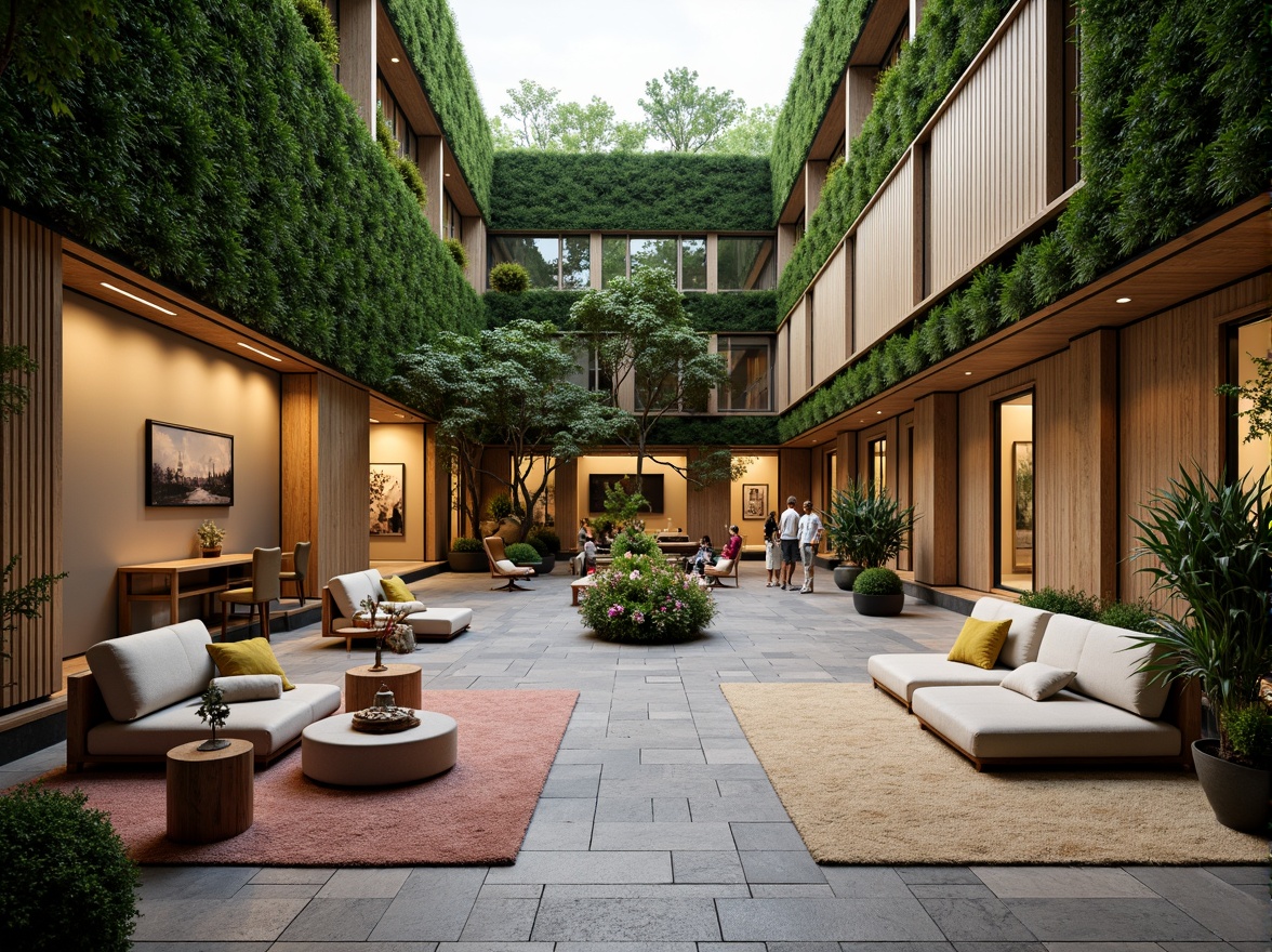 Prompt: Spacious open-air atrium, lush green walls, natural stone flooring, wooden accents, comfortable seating areas, vibrant flower arrangements, soft warm lighting, shallow depth of field, 3/4 composition, panoramic view, realistic textures, ambient occlusion, modern minimalist architecture, floor-to-ceiling windows, sliding glass doors, cozy reading nooks, communal workspaces, eclectic artwork, plush rugs, earthy color palette, organic shapes, inviting ambiance.