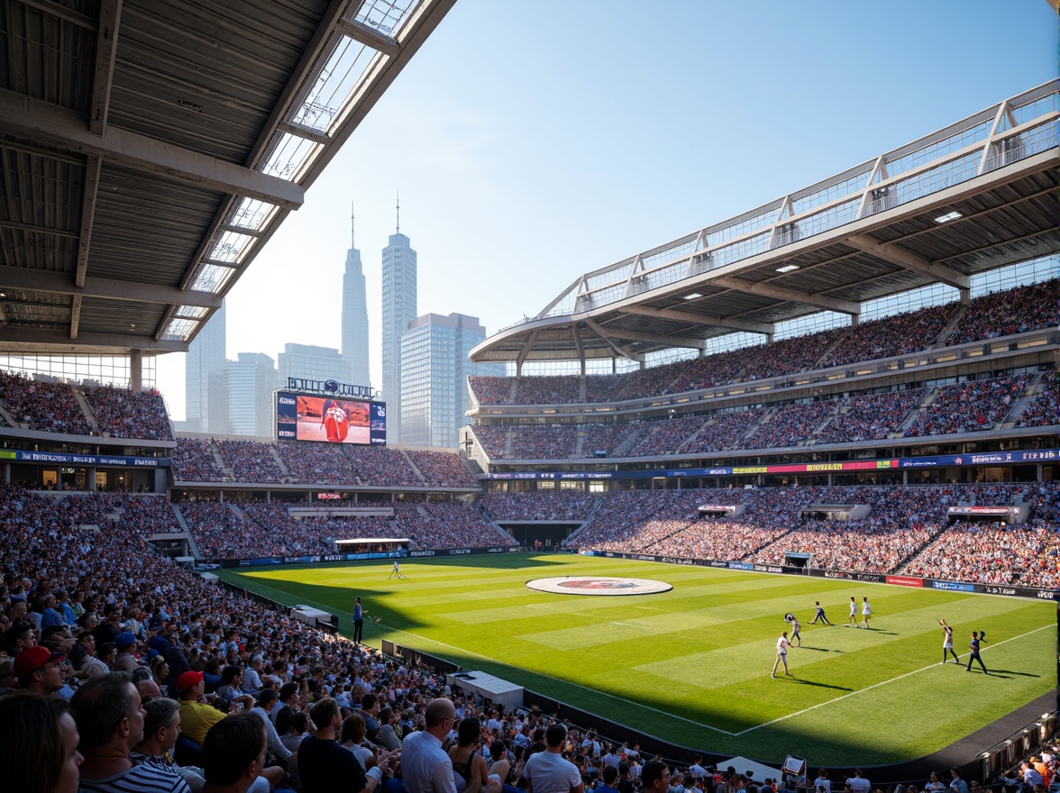 Prompt: Stadium seating area, tiered spectator stands, vibrant crowd atmosphere, dynamic LED scoreboard, modern sports architecture, sleek glass fa\u00e7ade, cantilevered roof structure, open-air concourse, concession stands, interactive exhibits, immersive audio systems, panoramic city views, sunny afternoon, soft natural lighting, shallow depth of field, 2/3 composition, realistic textures, ambient occlusion.