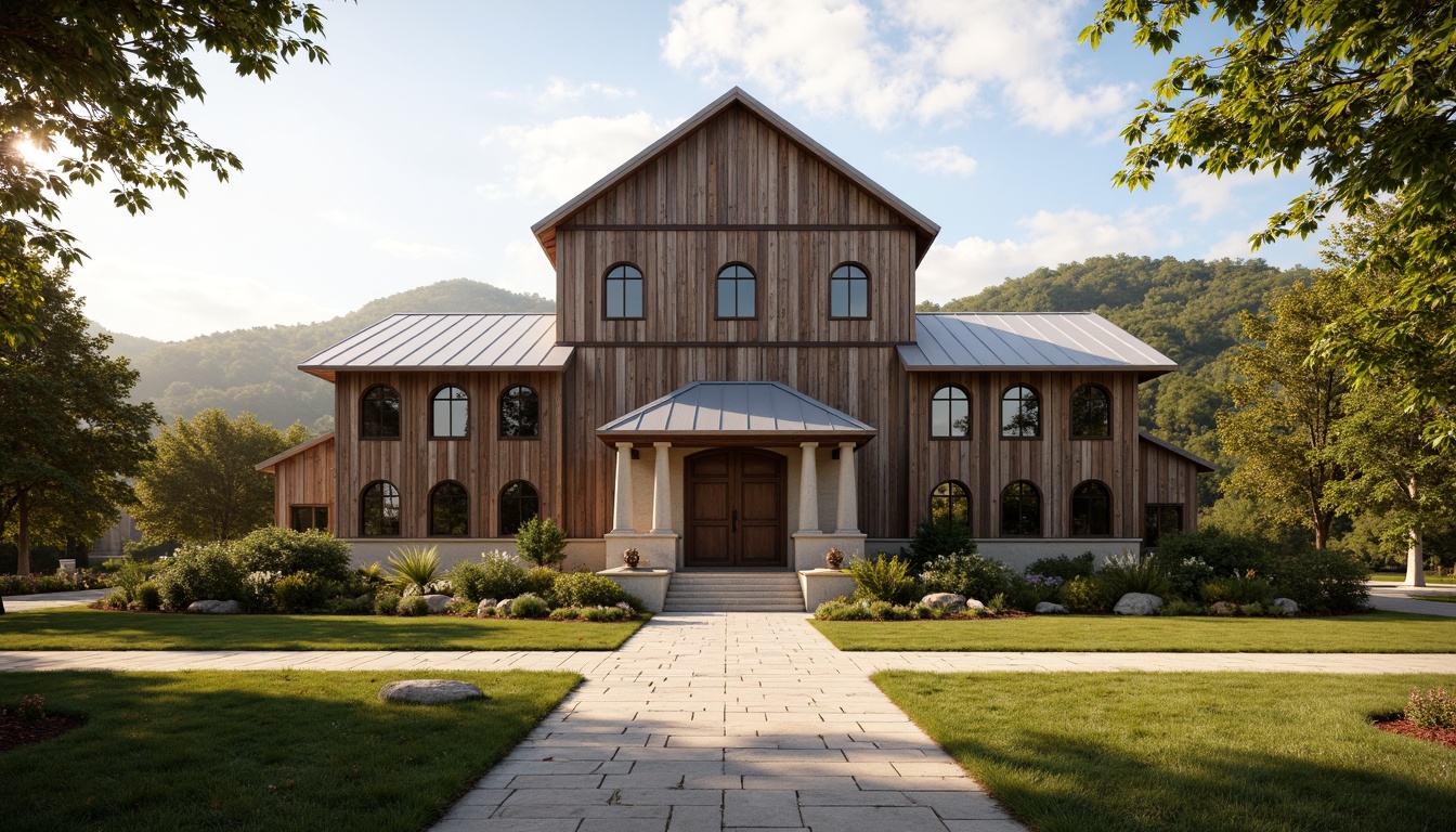 Prompt: Rustic barn, neoclassical facade, distressed wooden planks, vintage metal roofs, ornate cornices, grand entrance gates, symmetrical composition, classical columns, arched windows, stone foundation, lush greenery, rolling hills, countryside landscape, warm sunny day, soft golden lighting, shallow depth of field, 2/3 composition, realistic textures, ambient occlusion.