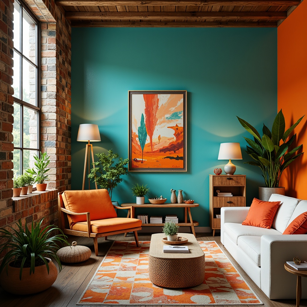 Prompt: Vibrant art studio, eclectic bohemian decor, rich turquoise walls, bold orange accents, creamy white furniture, lush greenery, natural wood textures, geometric patterned rugs, abstract artwork, warm golden lighting, soft focus, shallow depth of field, 1/2 composition, atmospheric perspective, realistic brushstrokes.