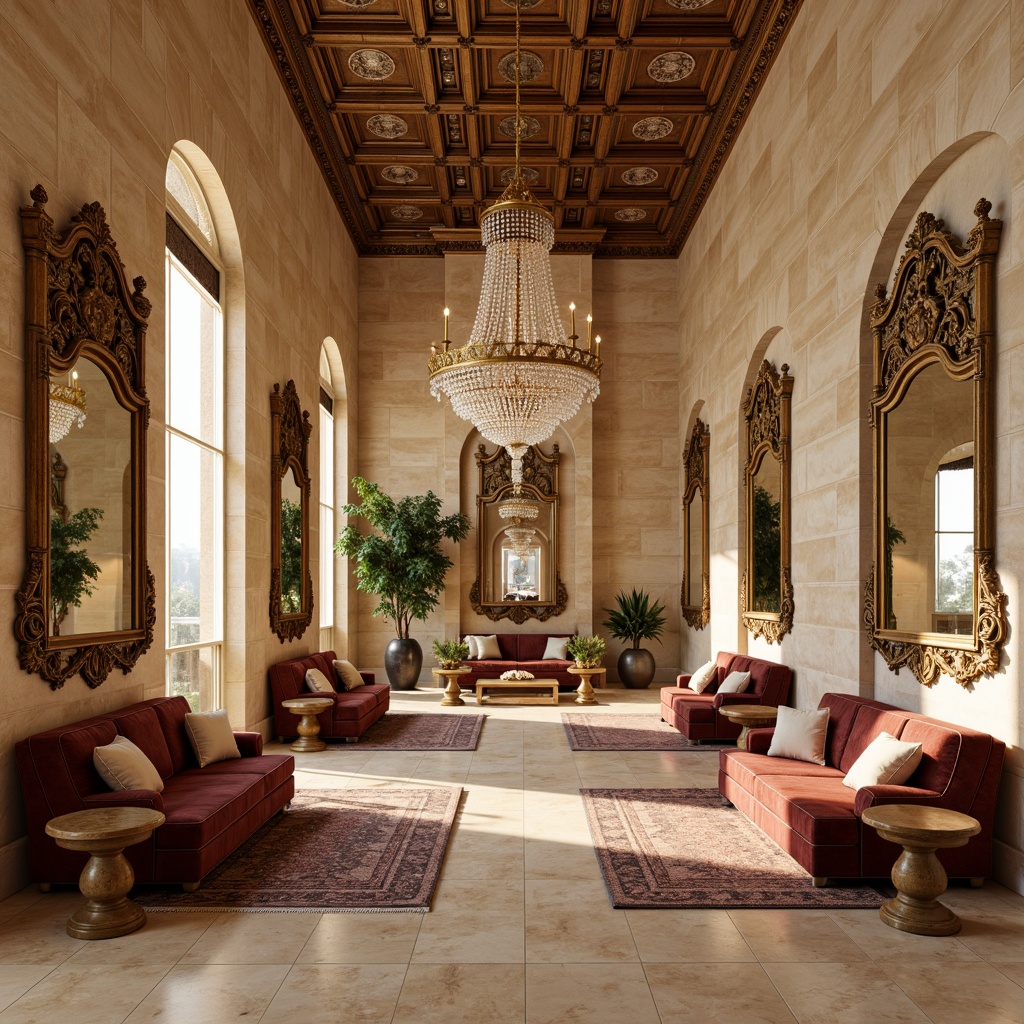 Prompt: Luxurious penthouse interior, Romanesque style, warm beige marble floors, intricately carved wooden panels, ornate gilded mirrors, plush velvet sofas, richly patterned rugs, lavish crystal chandeliers, creamy white stone walls, opulent golden accents, grandiose high ceilings, dramatic archways, soft warm lighting, subtle shadowing, 1/1 composition, detailed textures, realistic reflections.